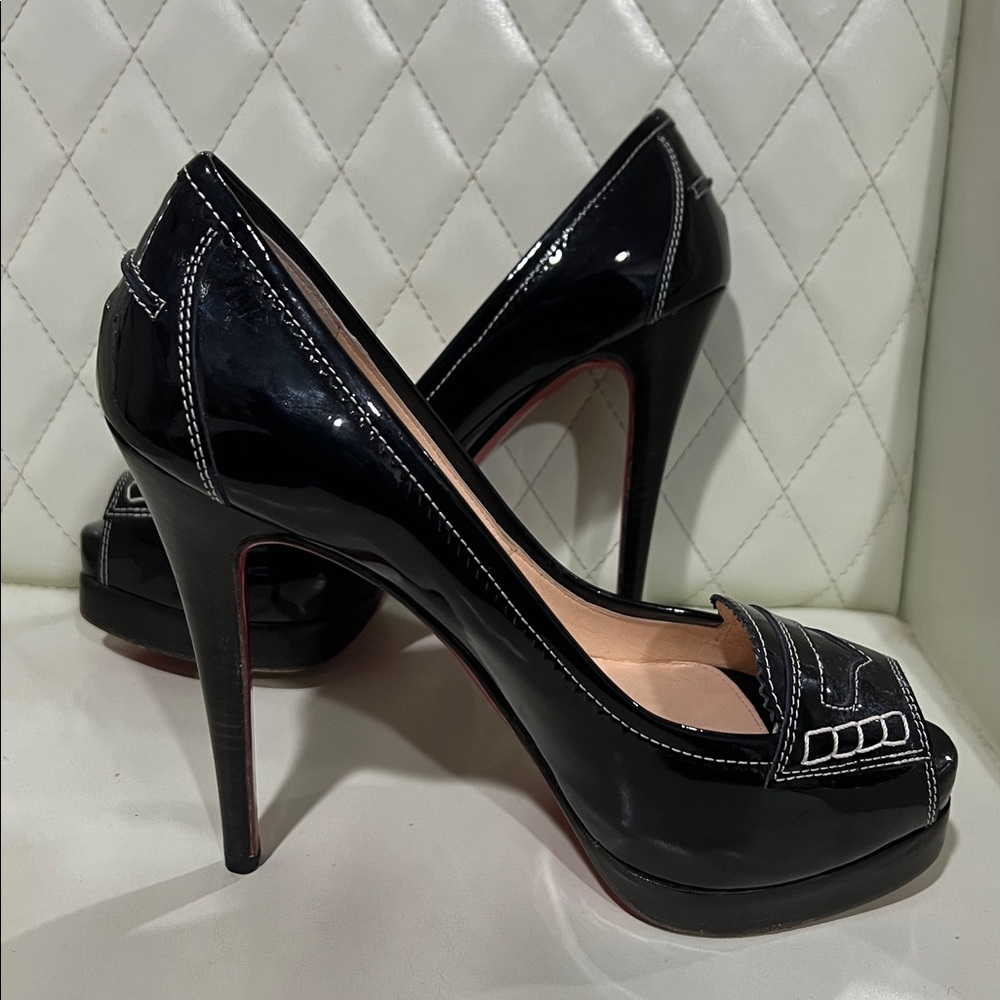 Christian Louboutin Peniche 140 Black Patent Leather Peep Toe Pumps